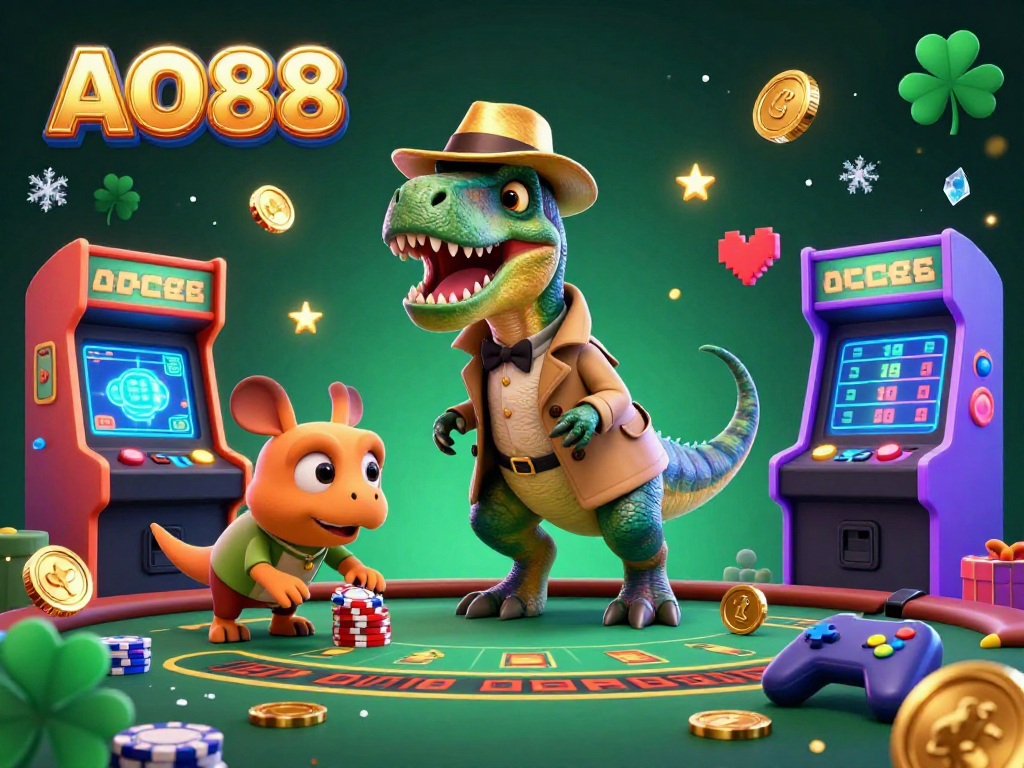 Experience the thrilling AO88 casino scene with a velociraptor card counter and a stegosaurus pit boss, diverse game elements, and vibrant visuals.