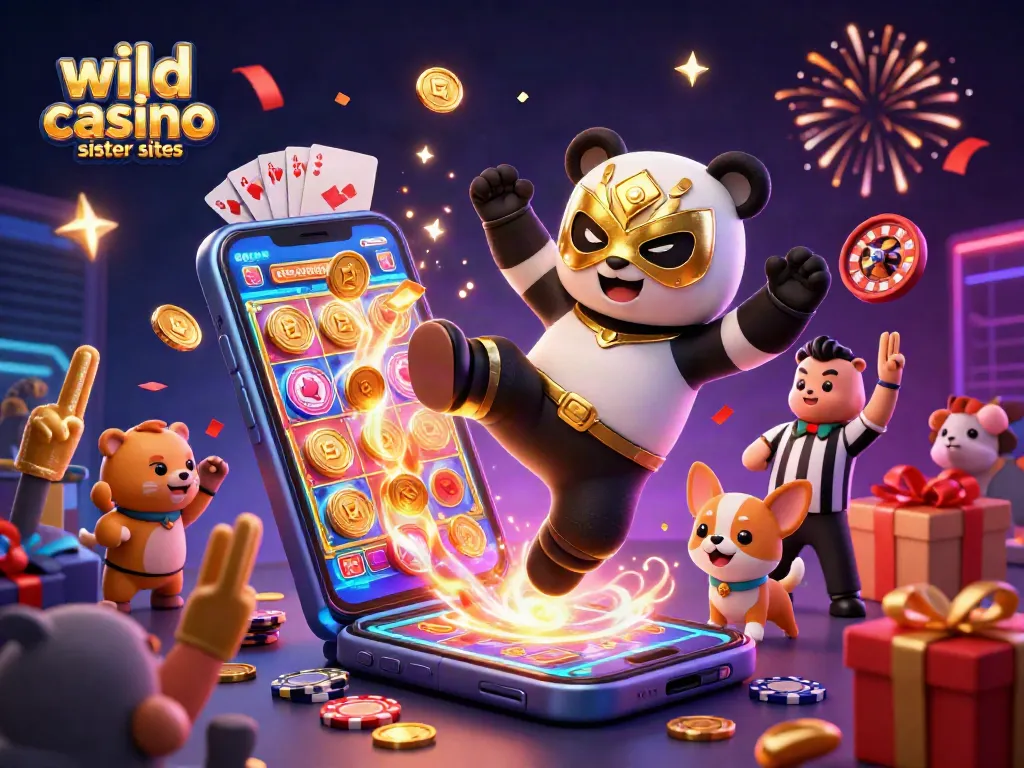 Engage with wild casino sister sites and explore exciting games in a vibrant animated casino scene.