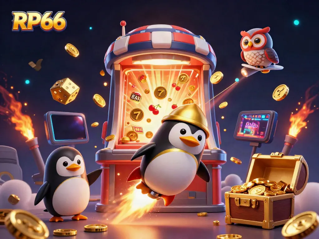 Experience vibrant gaming with RP66 featuring a golden penguin soaring towards a casino station amidst explosive jackpots.