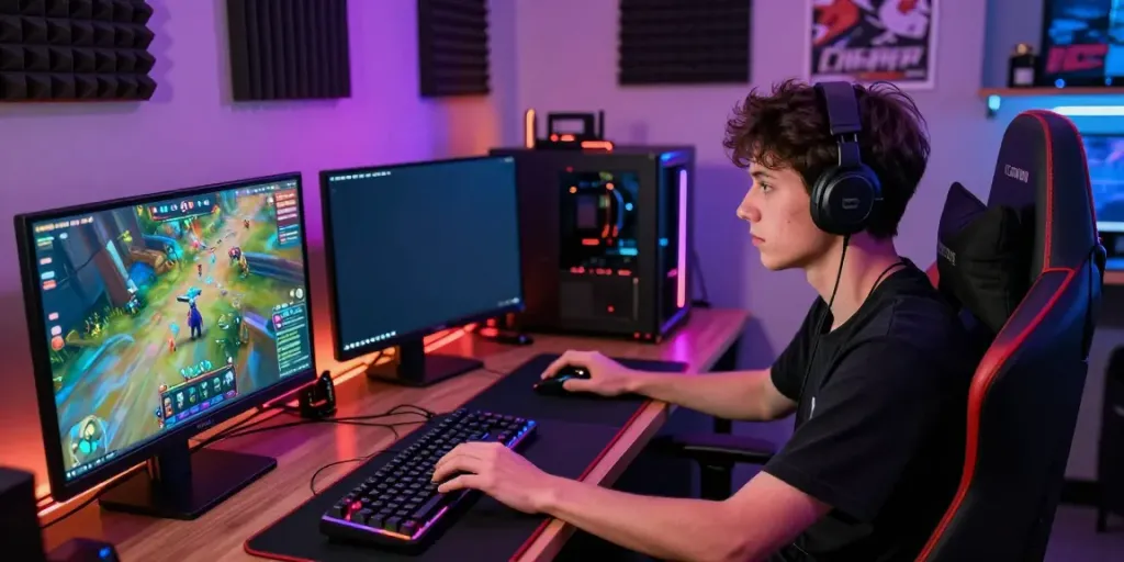 Dynamic gaming scene of a player immersed in luxury111 online game, showcasing modern setup and vibrant atmosphere.