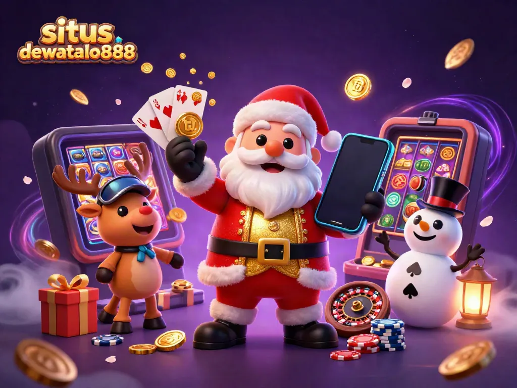 Mainkan situs dewataslot888 dengan karakter Santa Claus dan slot jackpot, dikelilingi elemen kasino berwarna-warni.