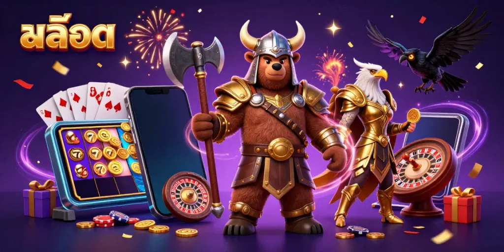 Experience the exciting world of สล็อต with a dynamic scene featuring a Viking bear and magical elements.