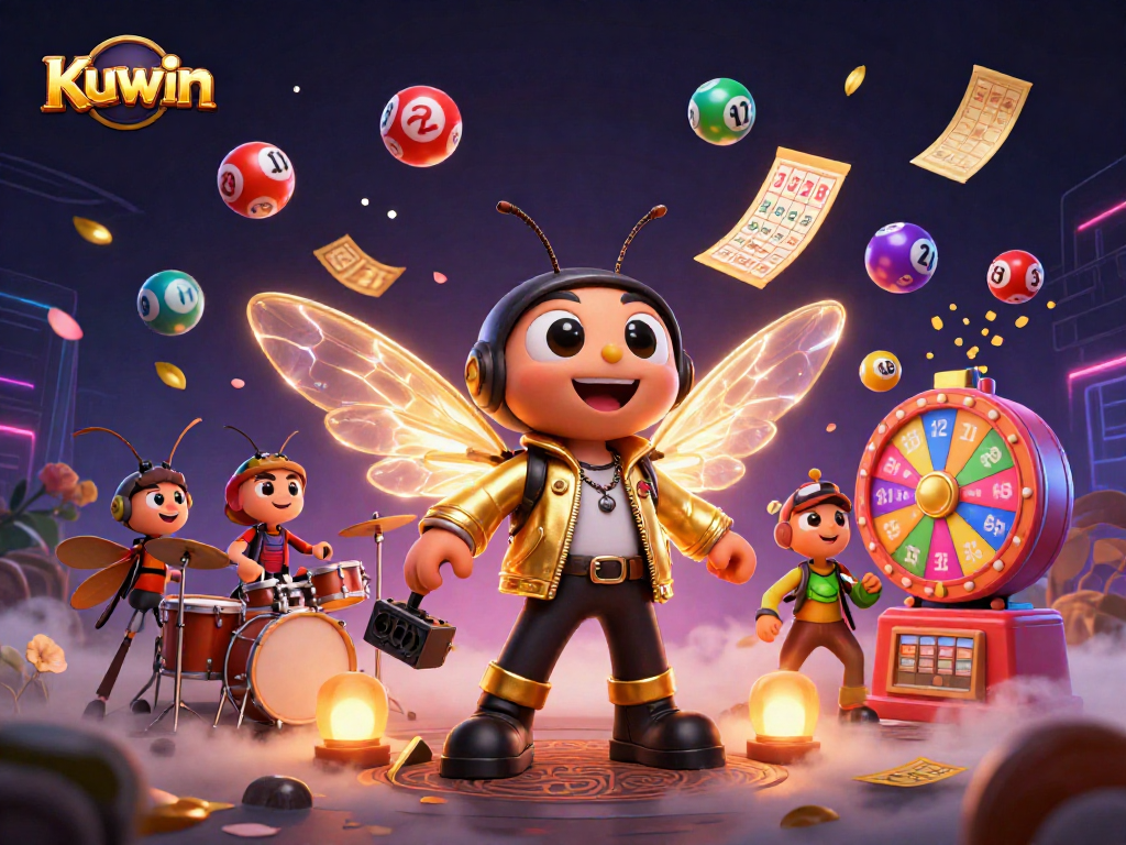 Kuwin creates excitement with a dynamic scene of a cartoon rock star and vibrant lottery elements.