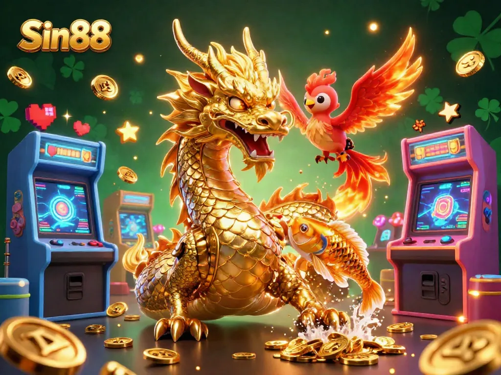 Experience Sin88 with a fierce dragon, phoenix, and koi fish amidst vibrant casino elements.