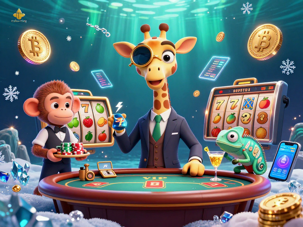 Experience nohu-ring with a high-roller giraffe and friends amidst dynamic casino elements.