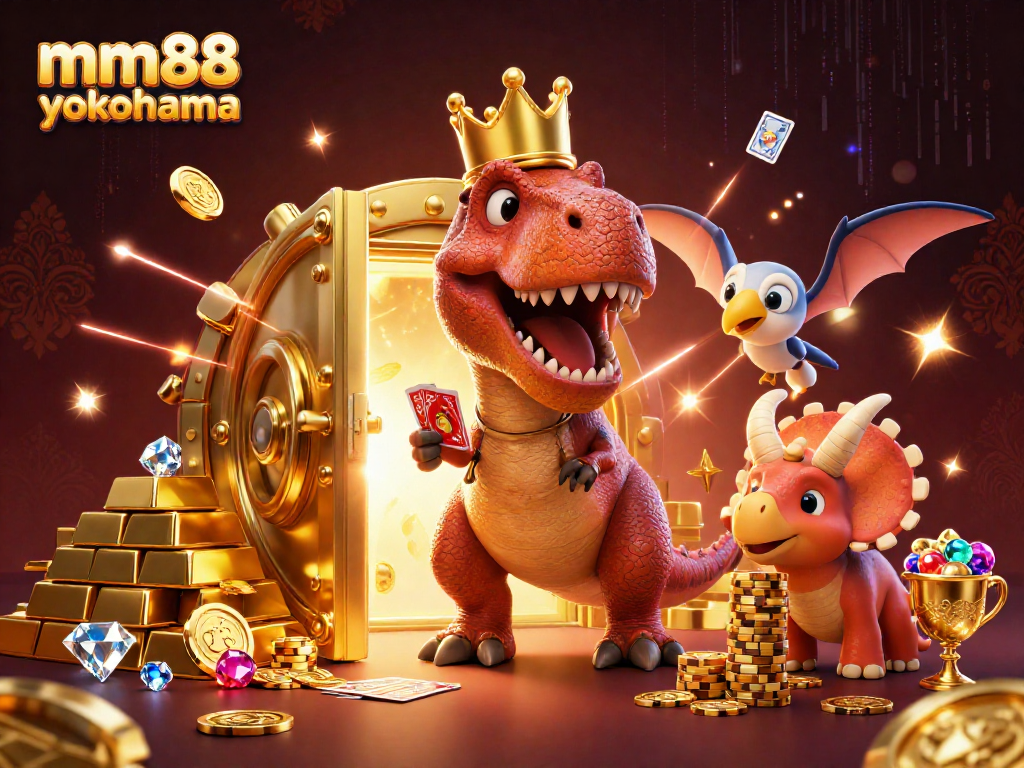Experience epic wins at mm88 yokohama with a thrilling casino scene featuring playful dinosaurs.