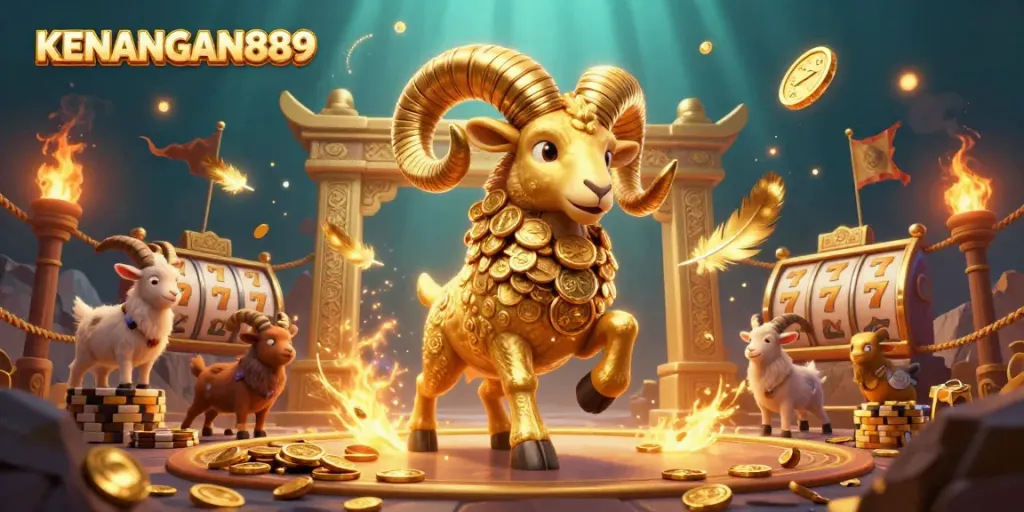 Engage with thrilling slots at KENANGAN889 featuring a golden ram amidst dynamic gaming elements.