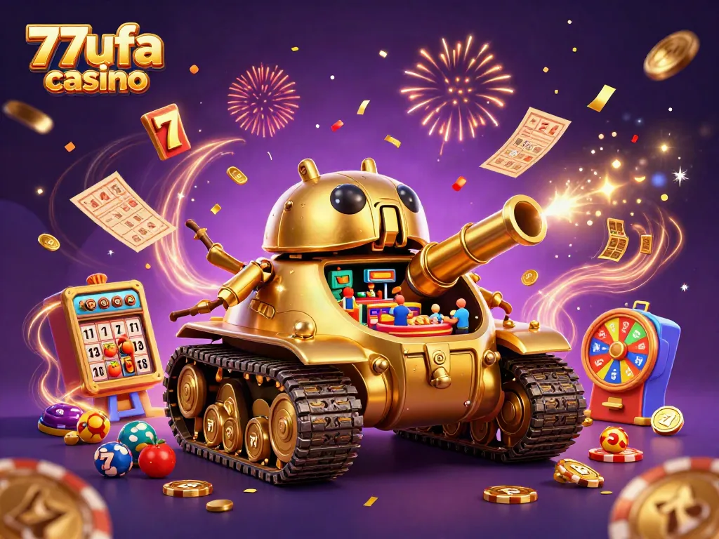 Experience the excitement of 77ufa casino with a vibrant illustration showcasing a golden beetle tank casino bursting with fun gambling elements.