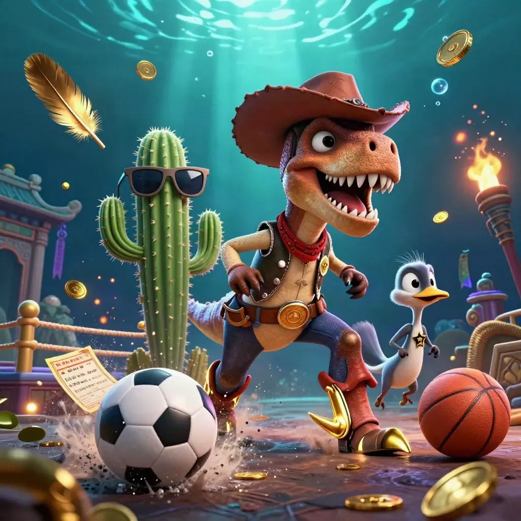 Cowboy T-Rex, cactus, and roadrunner amid casino sports props under teal underwater glow.
