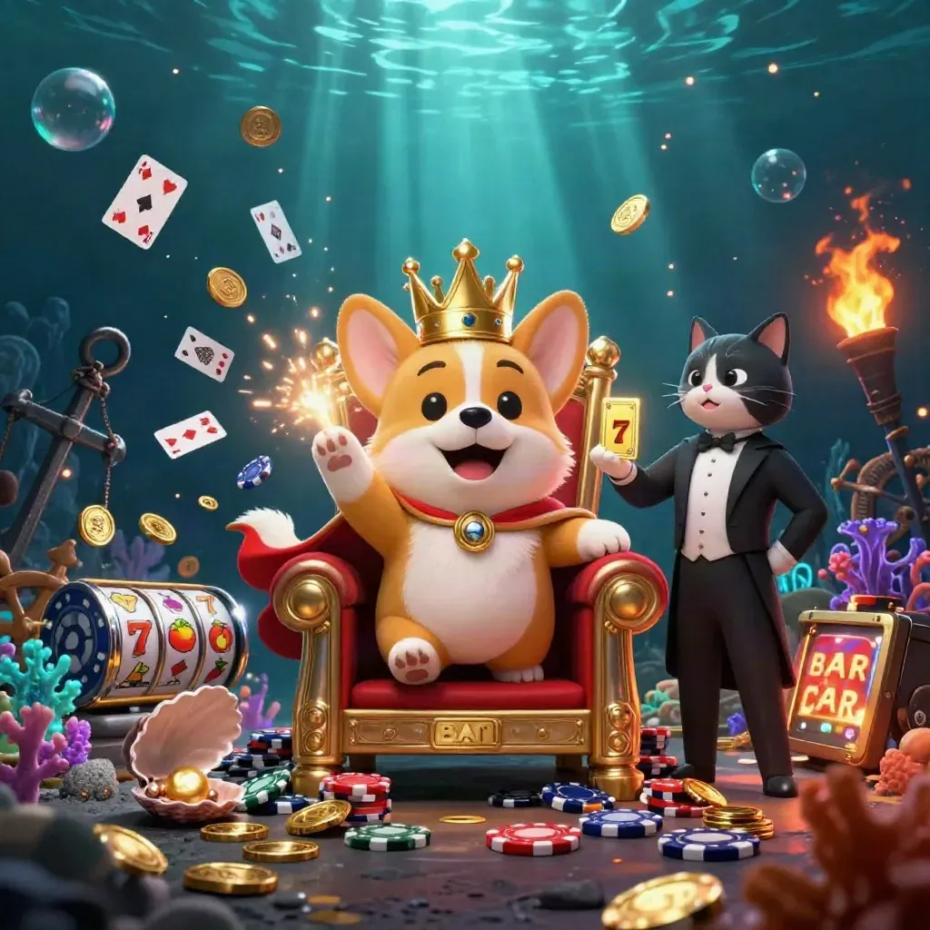 Royal corgi and cat butler amid treasure, slot reels, and glowing underwater casino magic.