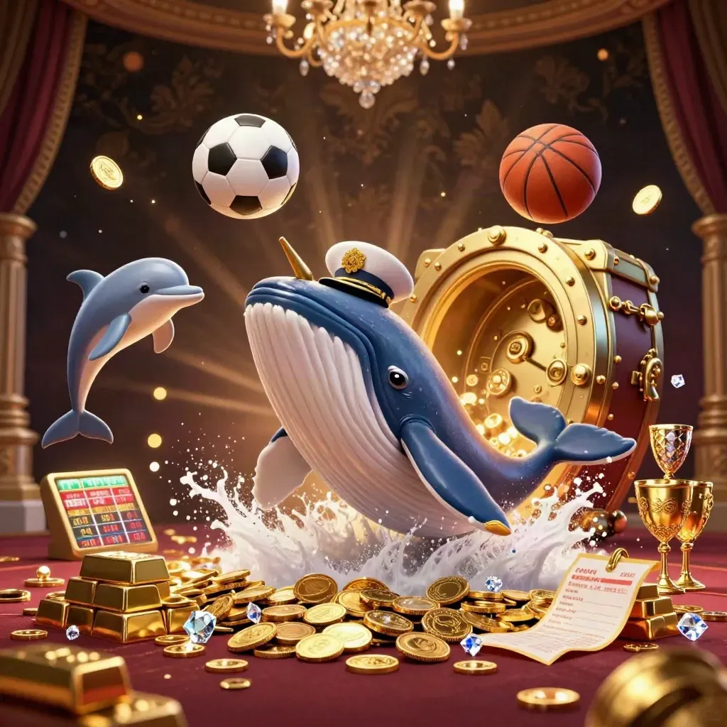 Whale, narwhal and dolphins burst through coins with sports balls and casino gold.