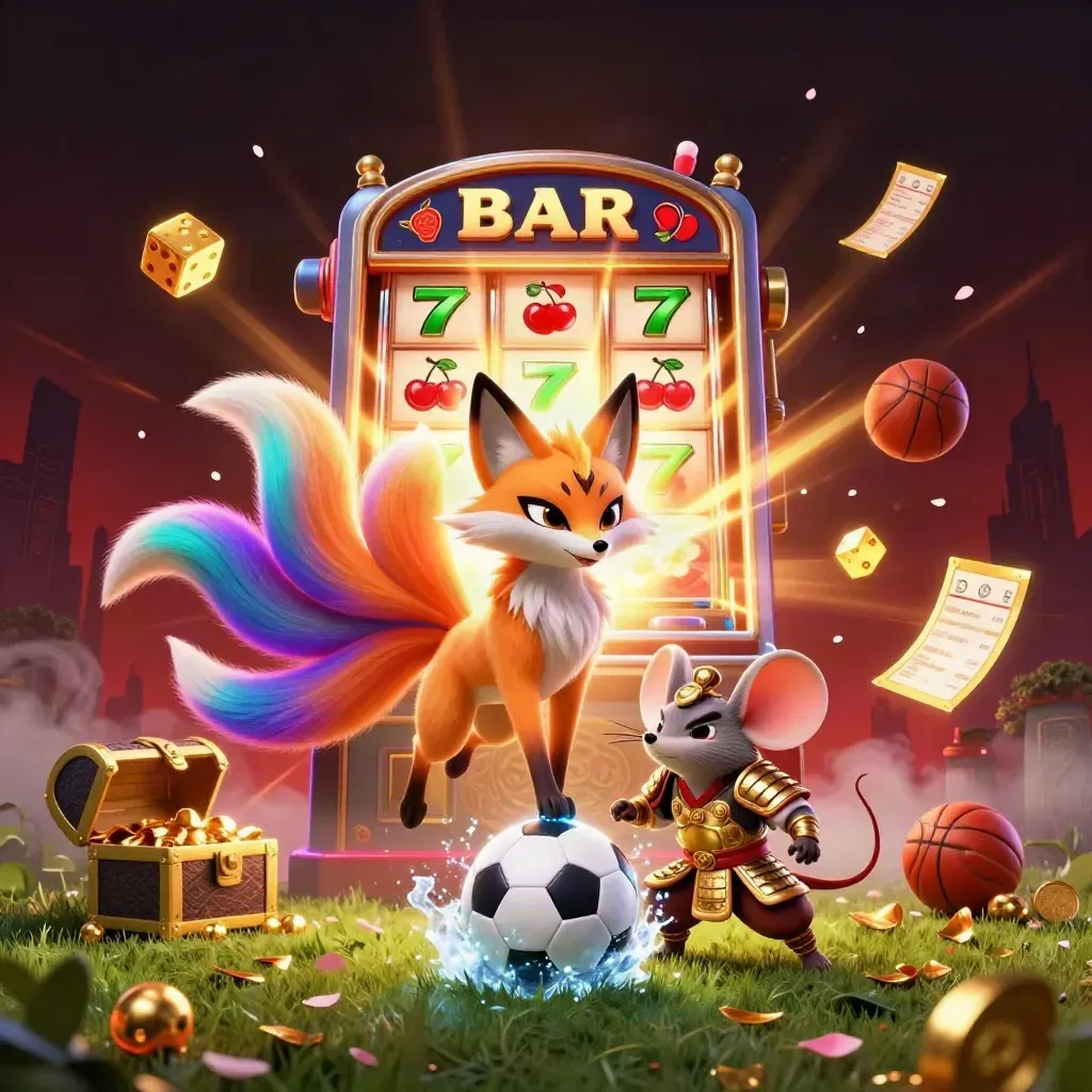 Neon fox spirit and golden mouse amid slot bursts, soccer ball spray, and casino glow.