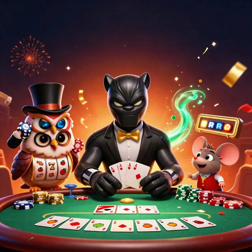 Panther, owl and mouse at a casino table amid glowing slots, chips and fireworks.