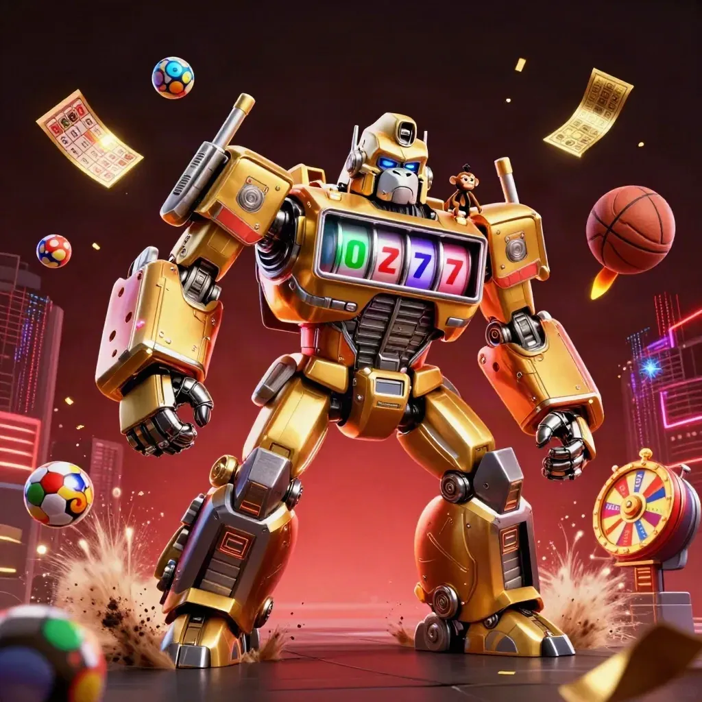 Golden gorilla slot mech blasts a soccer ball past lottery, bingo and prize-wheel chaos.