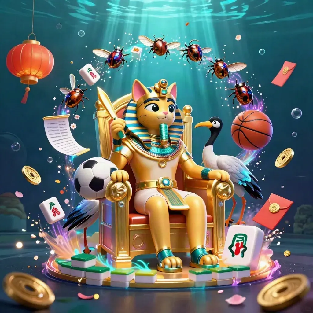 Pharaoh cat on a throne with an ibis scribe, scarabs, and flying casino sports icons underwater
