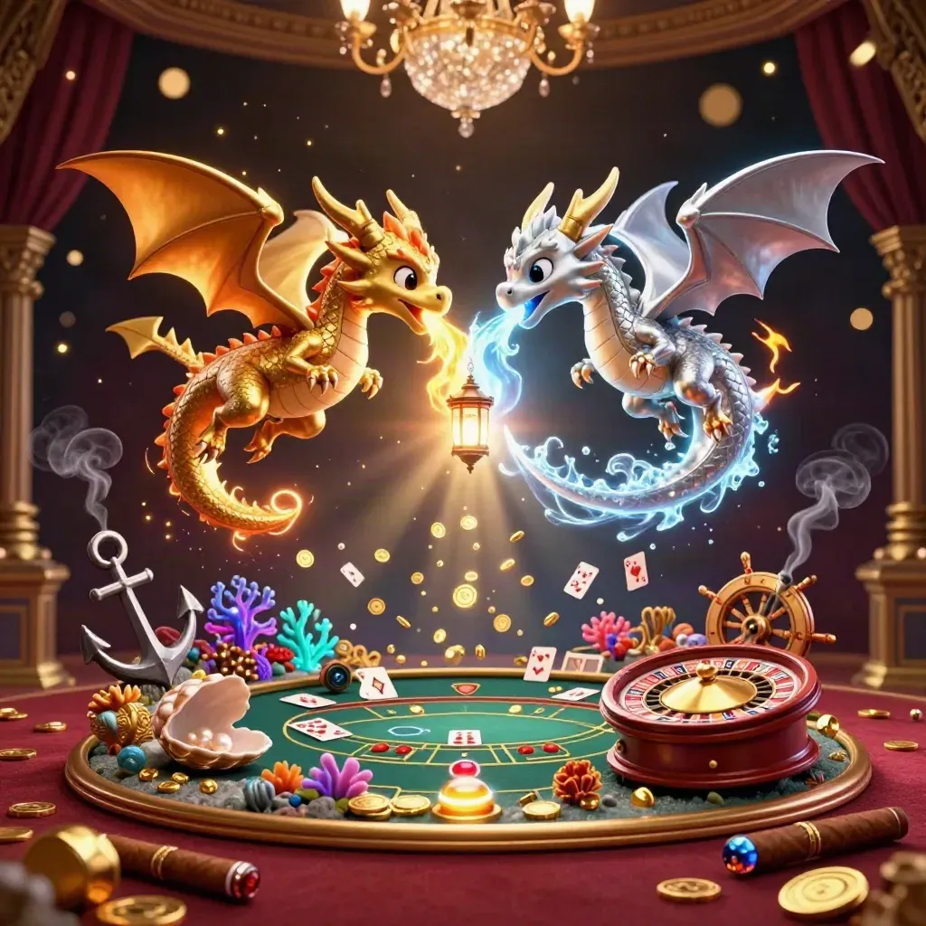 Gold and silver dragons form a yin-yang over casino treasure in a luxe dark room.