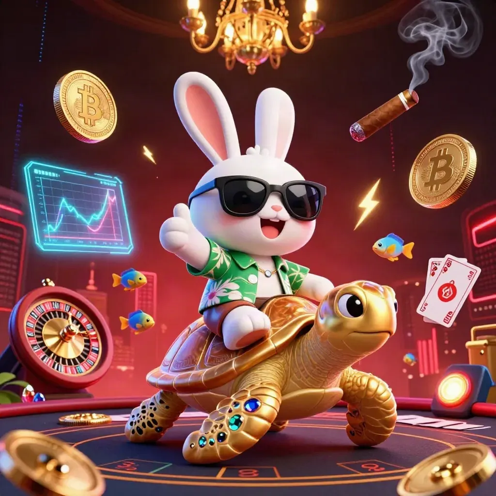 Lucky rabbit rides a gem-shell sea turtle amid casino lights, coins, charts, and neon energy.