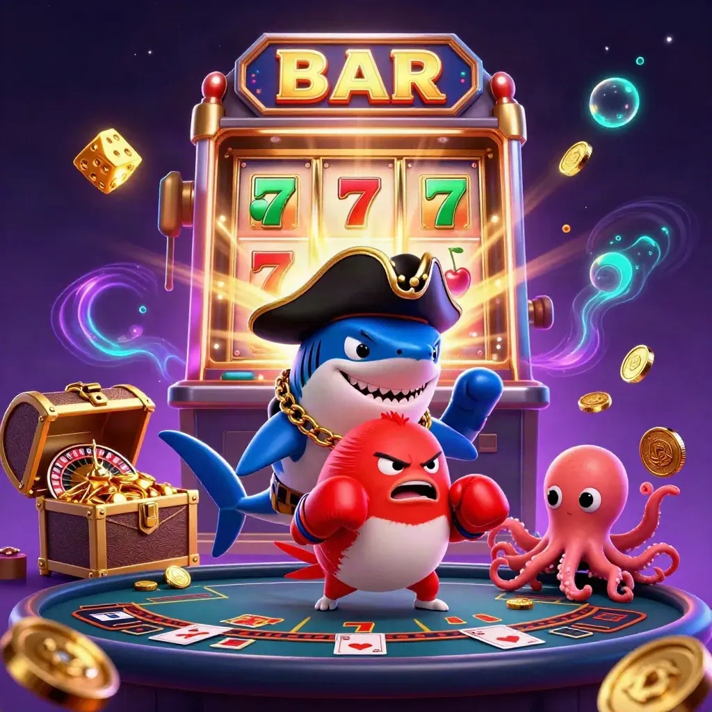 Pirate shark, boxing pufferfish, and coin-juggling octopus in a neon slot explosion.