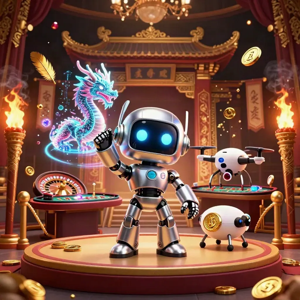Cyberpunk robot, holographic dragon, and drone in a luxe casino-temple scene.