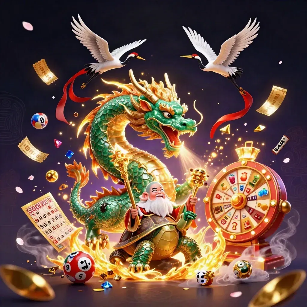 Emerald dragon, turtle sage, and cranes amid casino magic, treasure, stars, and glowing slot icons
