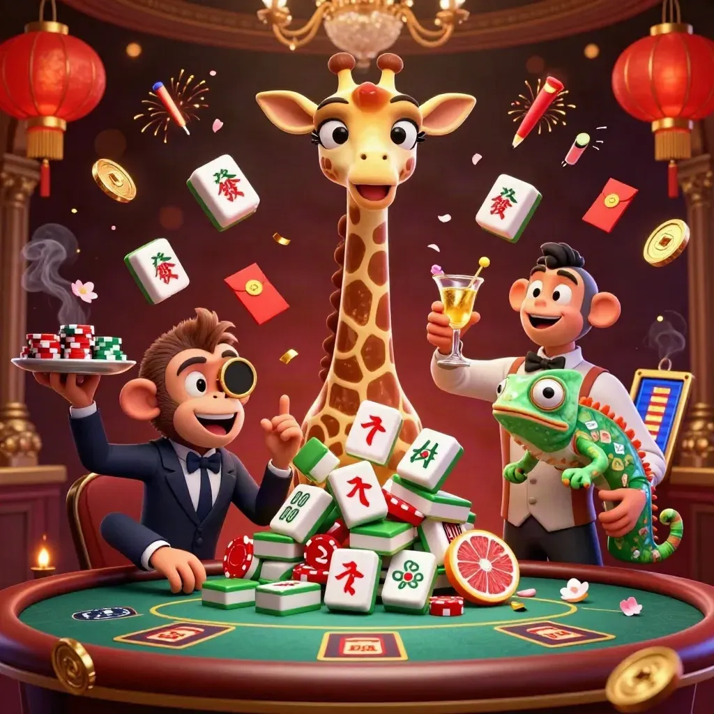 Giraffe high roller, monkey valet and chameleon bartender amid casino treasures and lanterns.