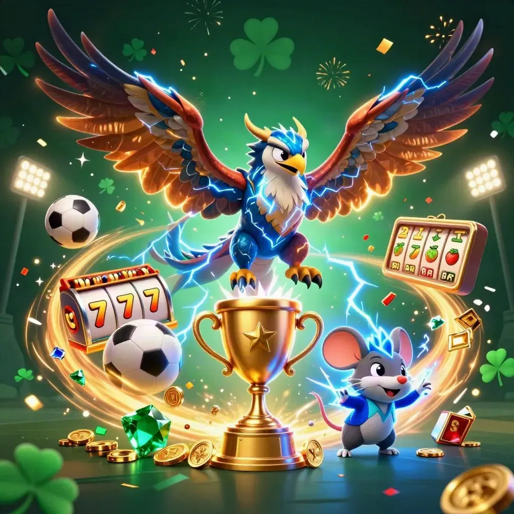 Thunder dragon, hawk, and crackling mouse amid casino sparks, coins, and slot icons.