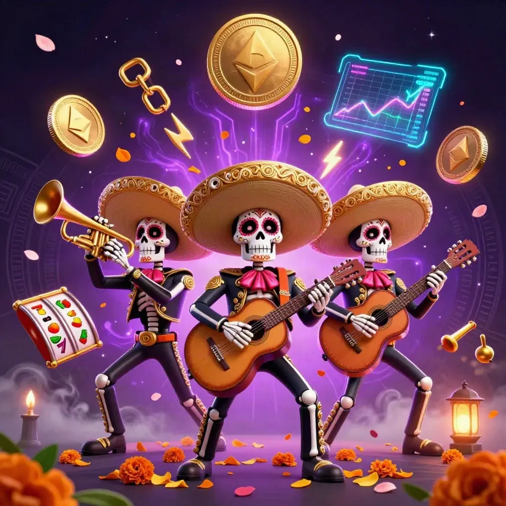 Skeleton mariachi trio with casino coins, neon effects, and magical petals in a premium game splash scene