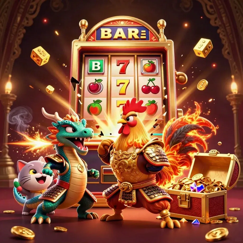 Rooster warrior, dragon hatchling, and fortune cat amid exploding jackpots and gold on a dark casino backdrop.