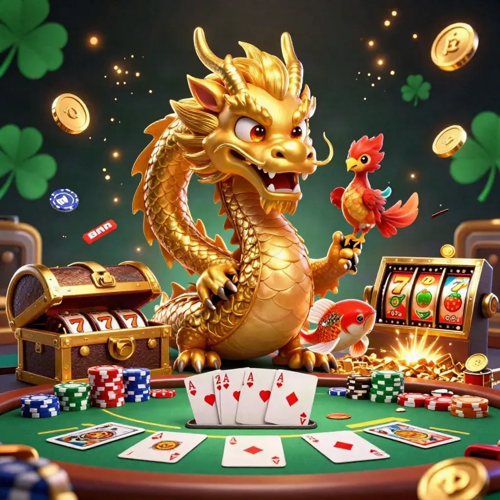 Golden dragon with phoenix and koi bursting amid casino cards, chips, reels and fireworks.