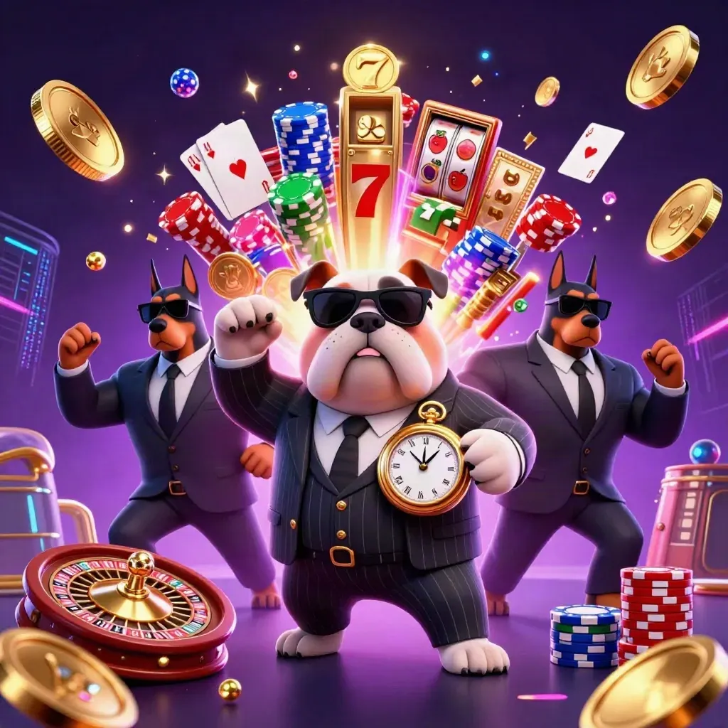 Bulldog boss and two Dobermans with coins, chips, reels, and fireworks in a neon casino burst.