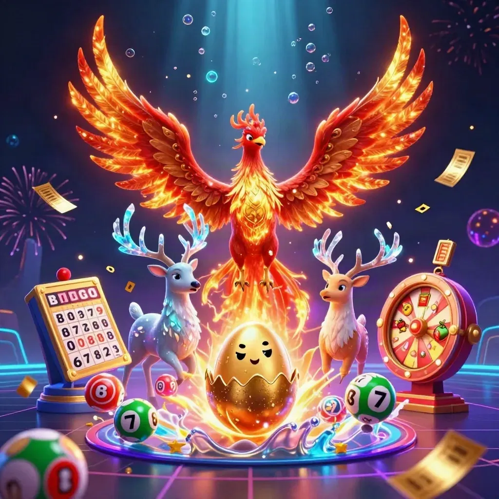 Phoenixes and a crystal stag burst with coins, jackpots, reels, fireworks in neon casino glow.