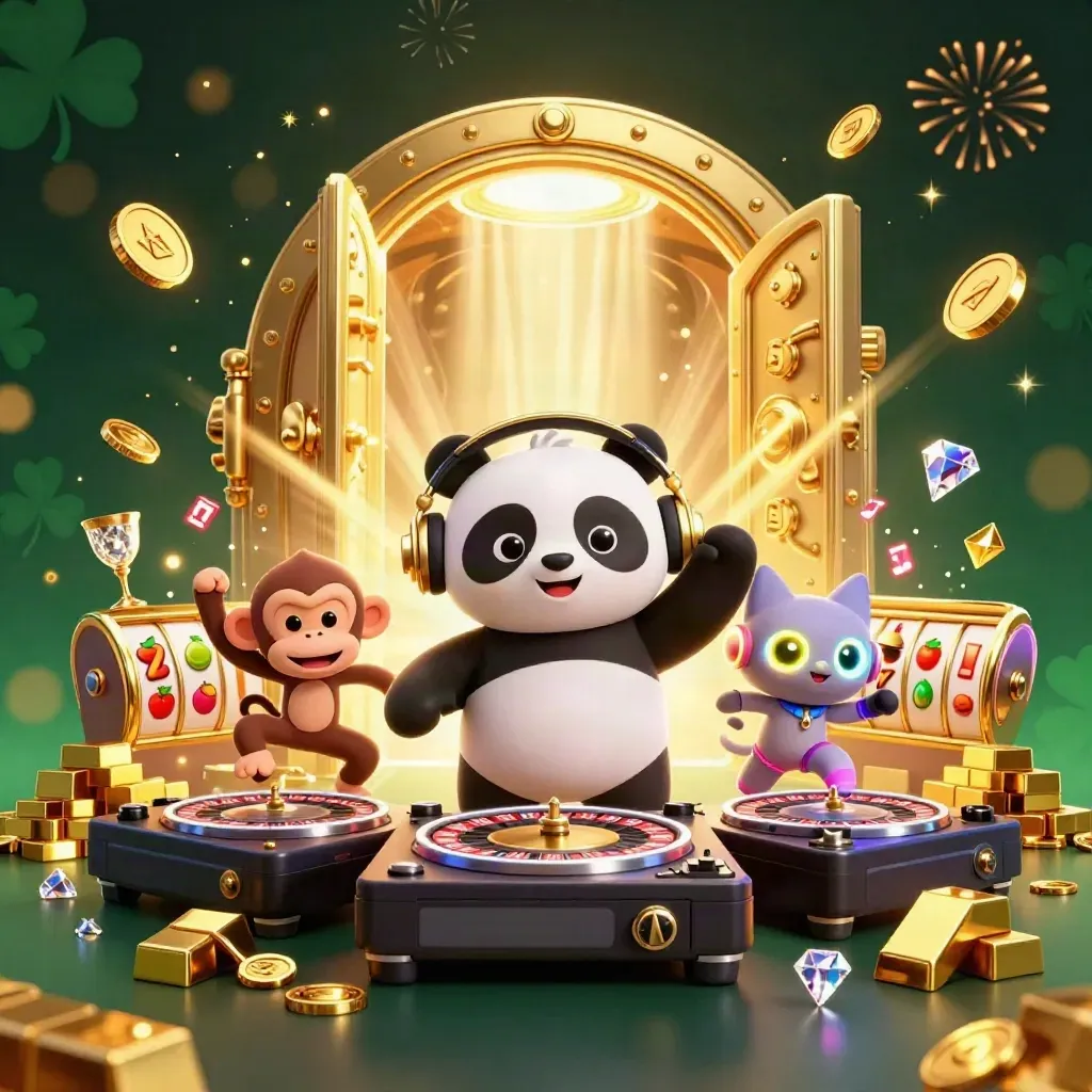 DJ panda, monkey, and glow-stick kitten burst from a gold vault amid coins, gems, and fireworks.