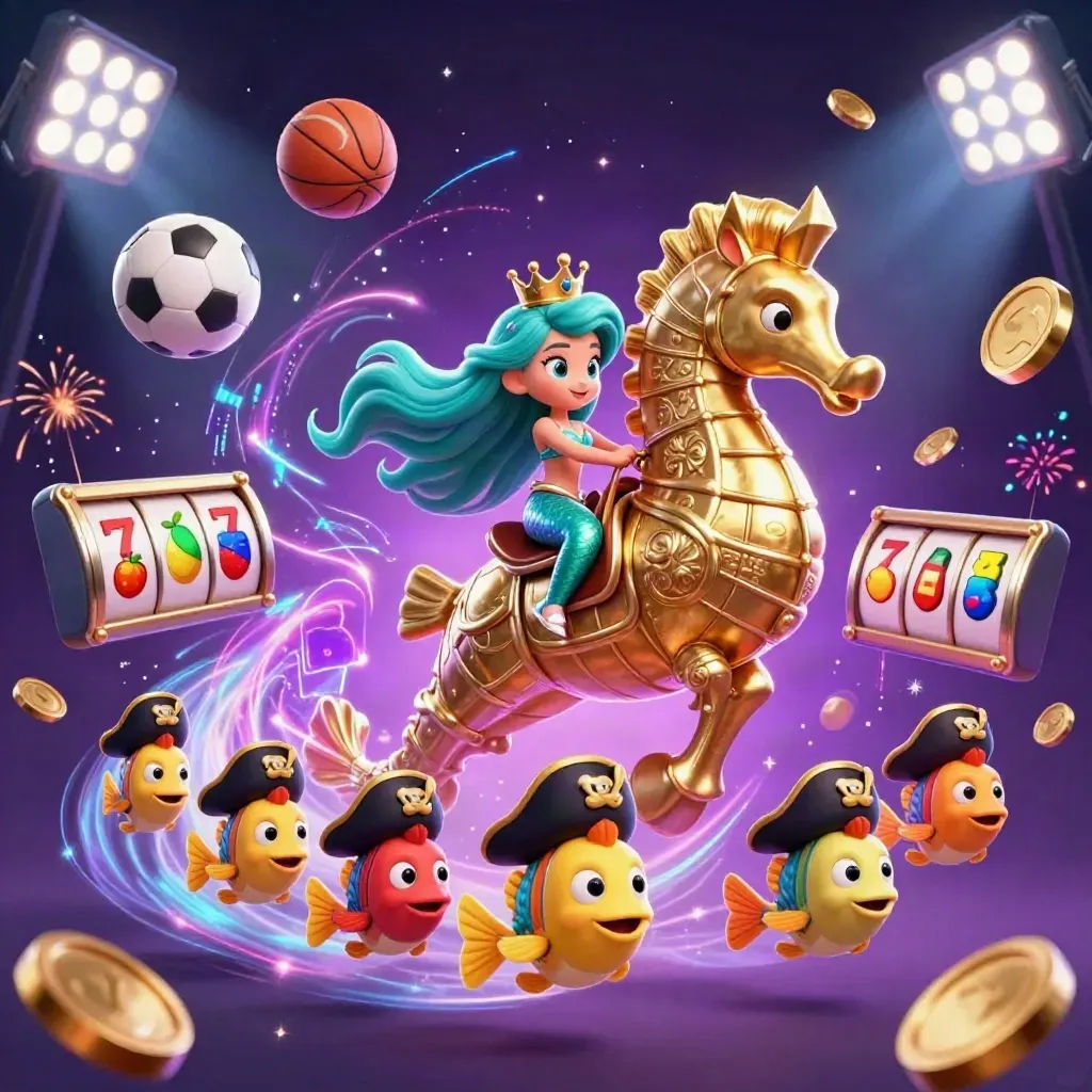 Mermaid princess on a golden seahorse amid coins, slots, sports balls, fireworks, and neon casino energy.