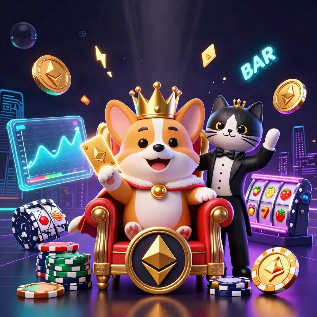 Royal corgi and cat butler amid neon casino coins, reels, and jackpot effects.