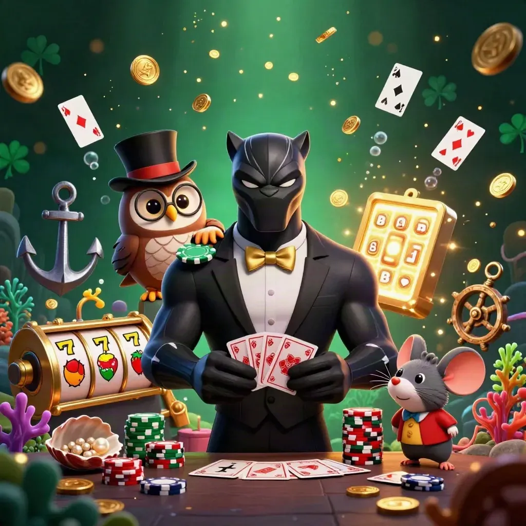 Panther, owl, and mouse amid casino cards, treasure cove glow, coins, reels, and jackpots.