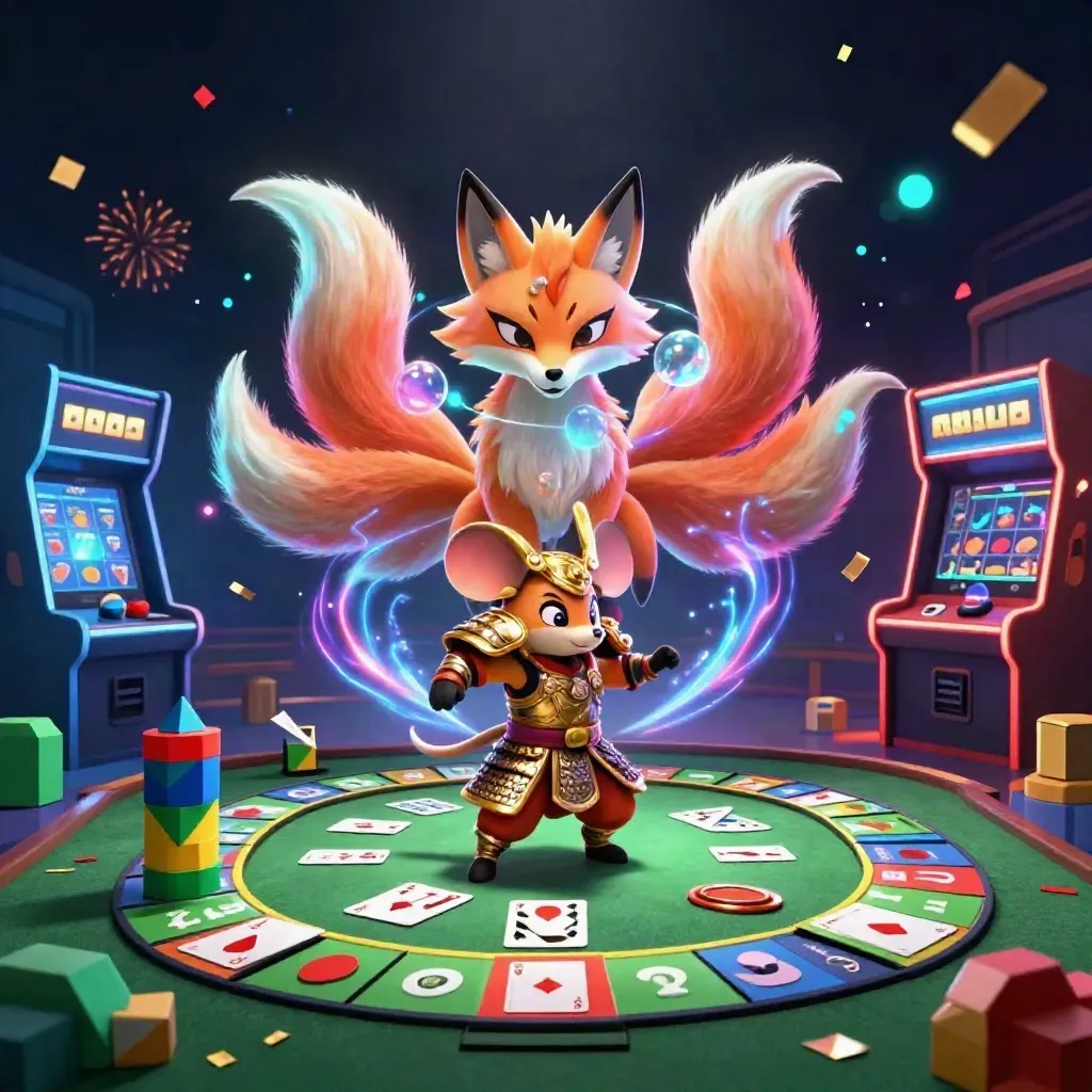 Nine-tailed fox spirit and armored samurai mouse amid casino chips, cards, reels, and glowing effects.