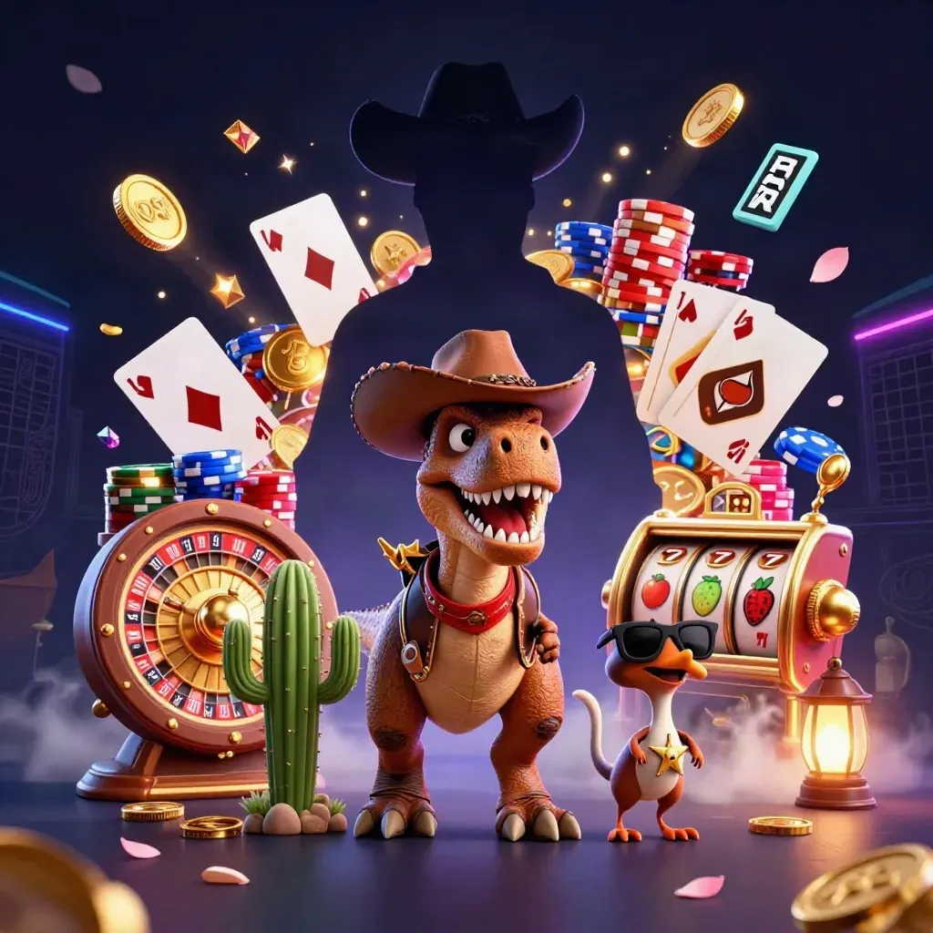 Cowboy T-Rex, cactus sidekick, and roadrunner amid casino reels, coins, and glowing chips.