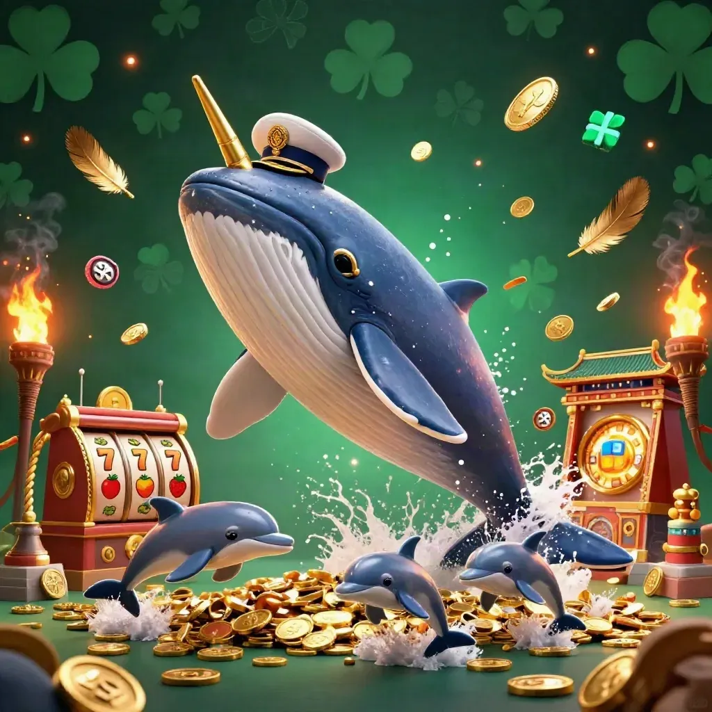 Whale captain, narwhal and dolphins breaching through coins with slot reels and torch-lit glow