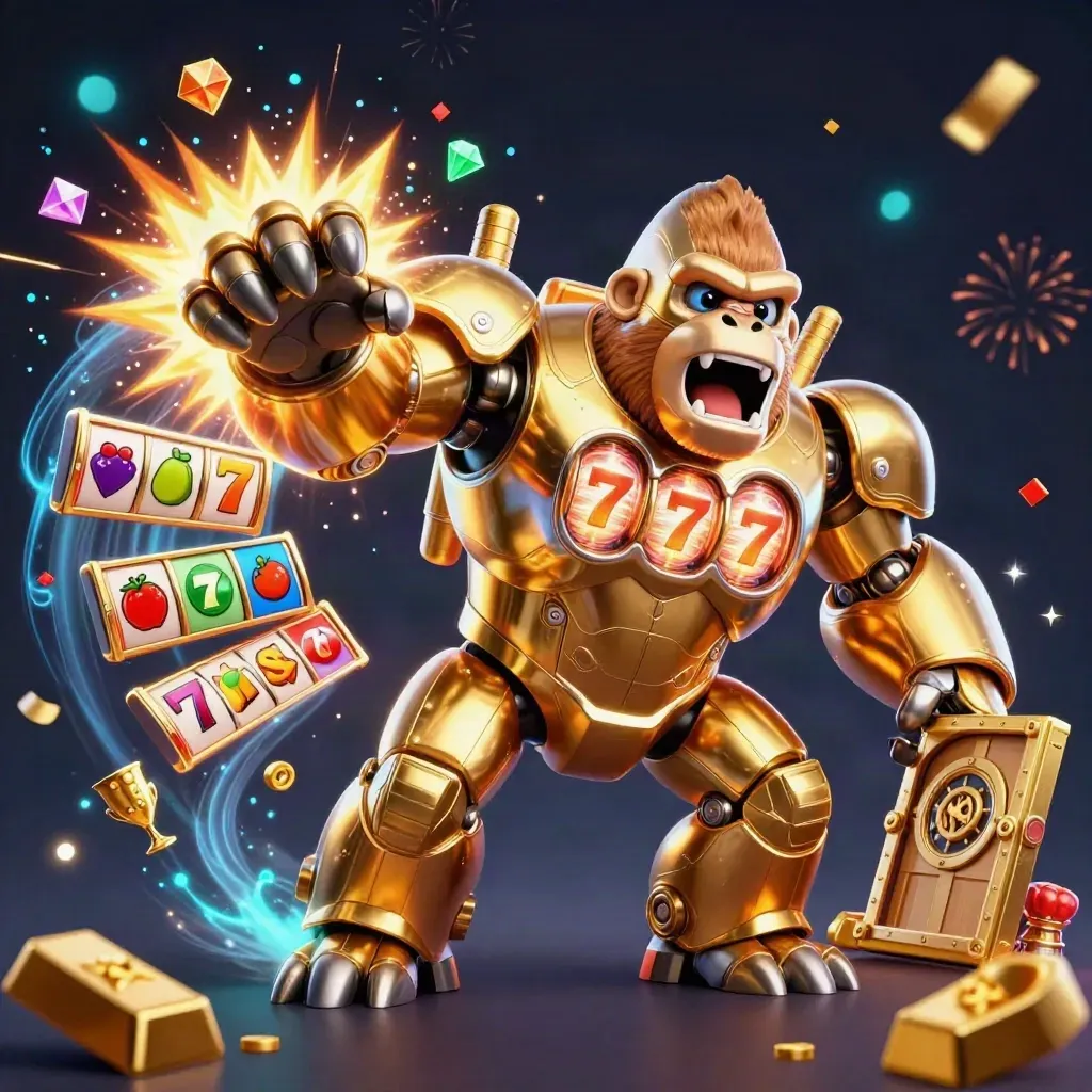 Golden gorilla slot mech with monkey pilot amid treasure vault bursts and jackpots
