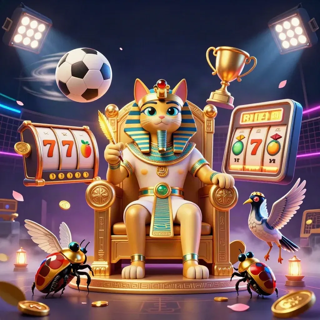 Pharaoh cat on golden throne with ibis scribe, scarabs, sports balls, coins, and slot reels