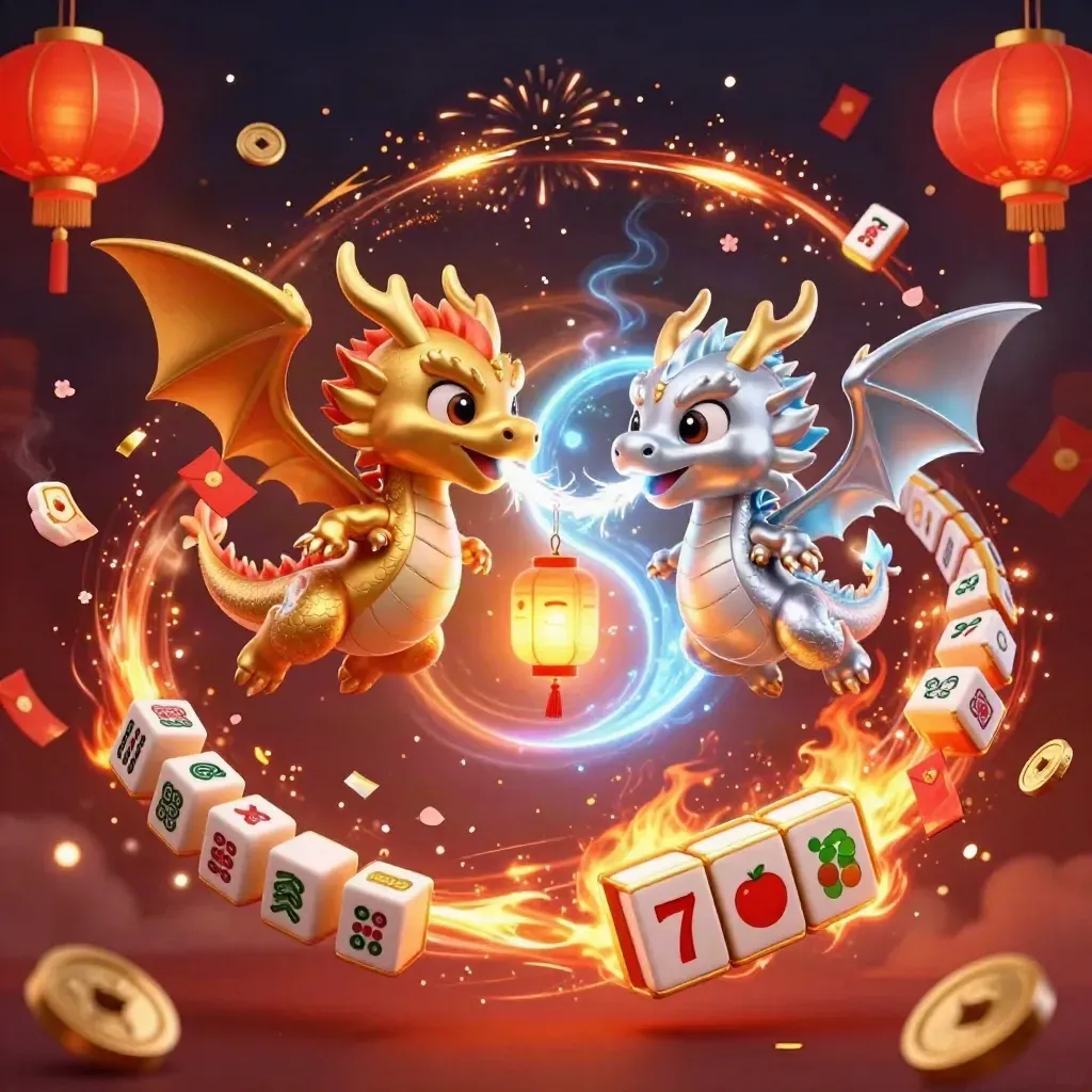 Twin gold and silver dragons spiral around a lantern spirit amid casino treasures and ember glow.