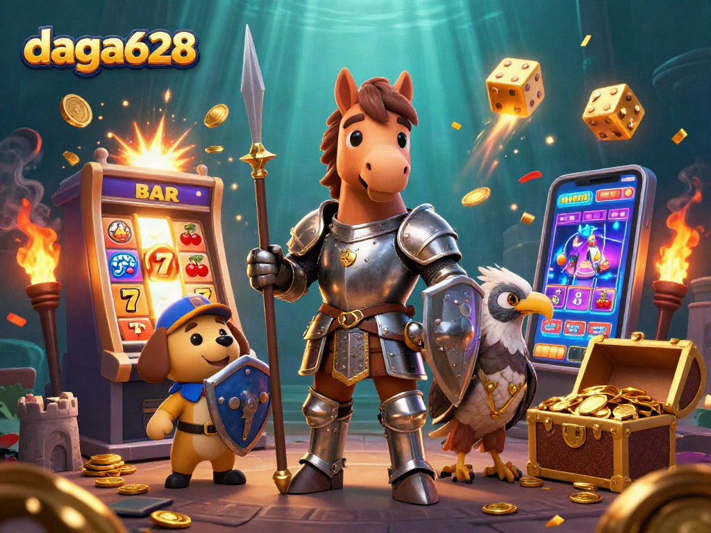daga628 brings excitement with a knight, puppy, and falcon amidst slot machines and casino elements