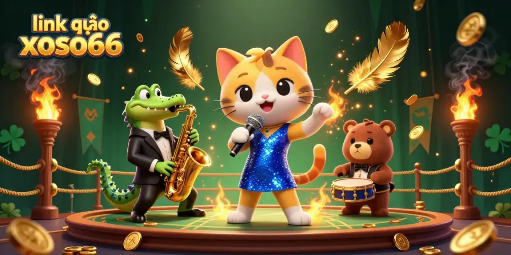 Engage in gaming action with link vào xoso66, featuring a singing cat and saxophonist crocodile on a vibrant casino stage.