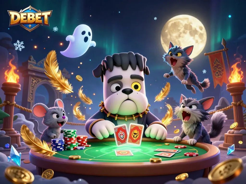 DEBET showcases a lively casino scene with a bulldog monster dealing cards amid vibrant gaming elements.