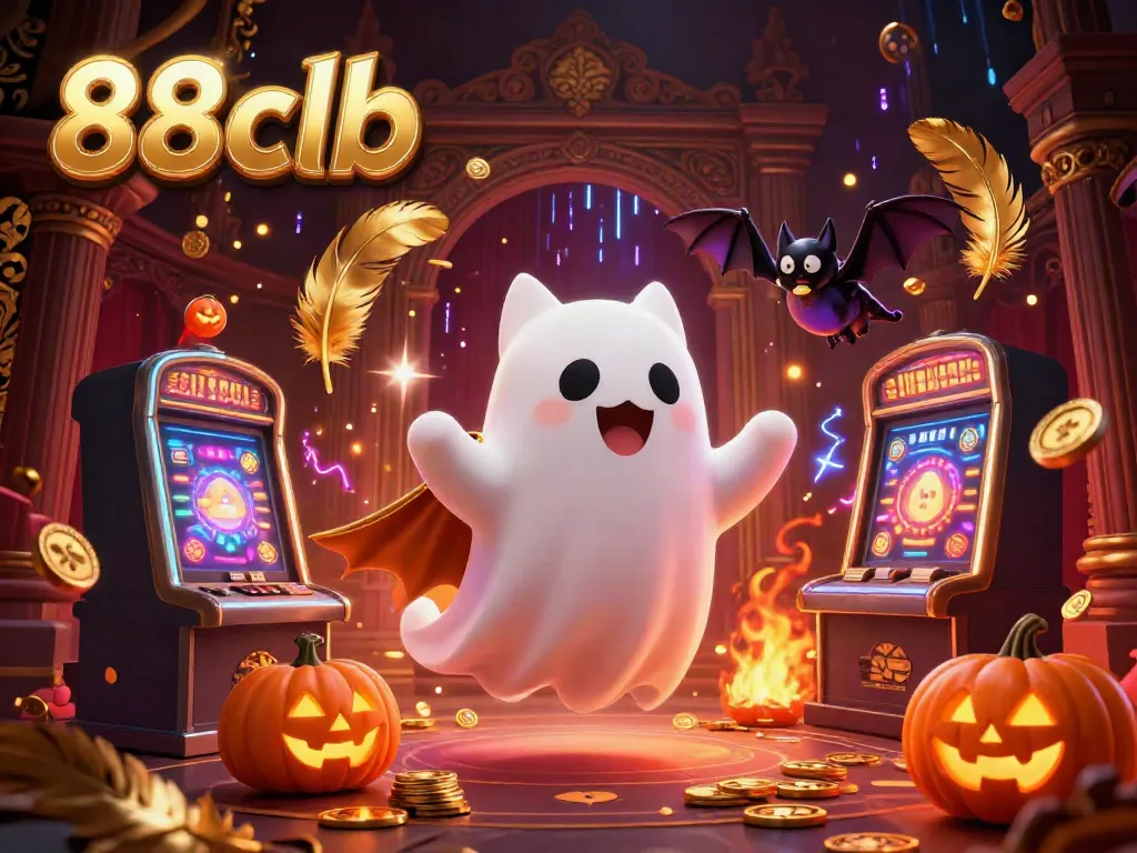 Experience thrilling gaming at 88clb casino with a haunted scene featuring a friendly ghost cat and glowing poker-themed pumpkins.