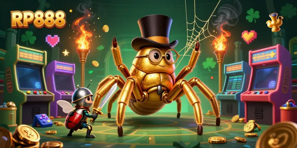 Engage with the RP888 casino experience as a golden tarantula weaves a golden web amidst vibrant casino game elements.