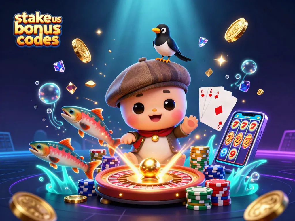 Win with stake us bonus codes in a vibrant 3D casino scene featuring rich gaming elements.