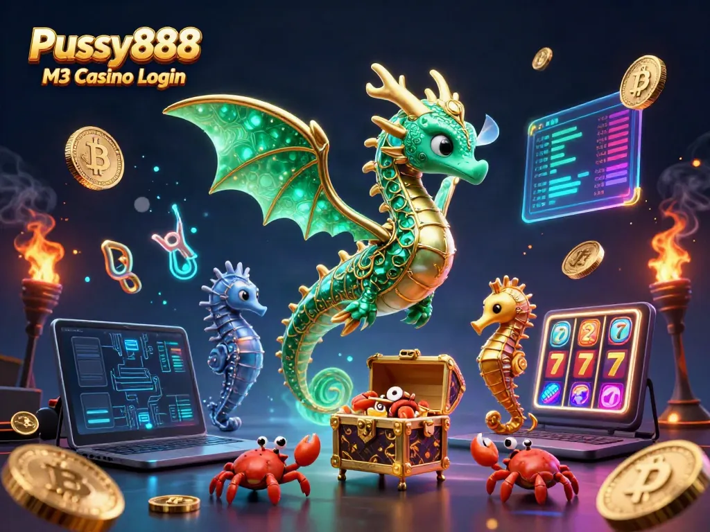 Play securely with Pussy888 M3 Casino Login surrounded by engaging slot and crypto elements.