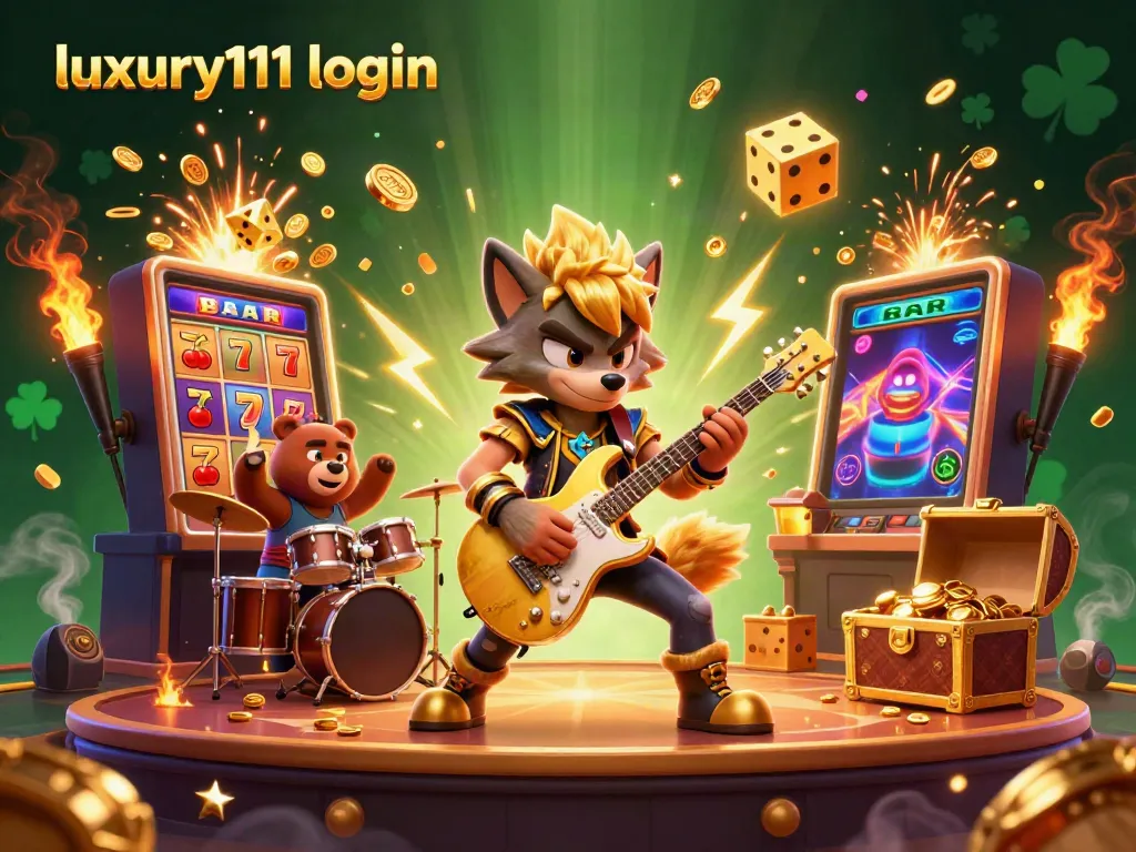 Engaging casino scene featuring luxury111 login with rock star wolf and drummer bear, dynamic jackpot action.