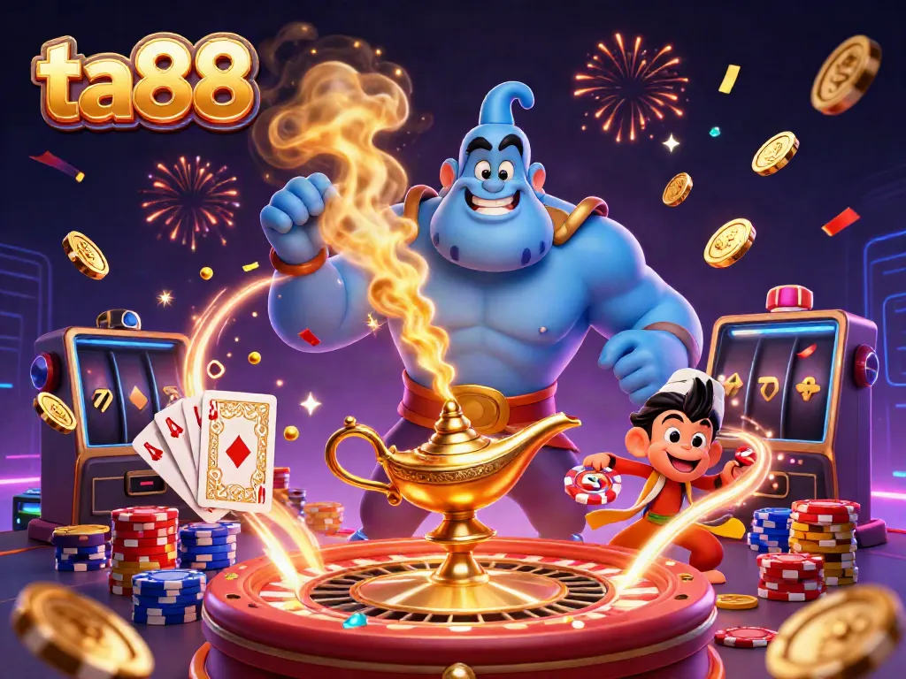 Experience the exhilarating world of ta88 with a dynamic casino scene filled with a genie, monkey, and poker elements.
